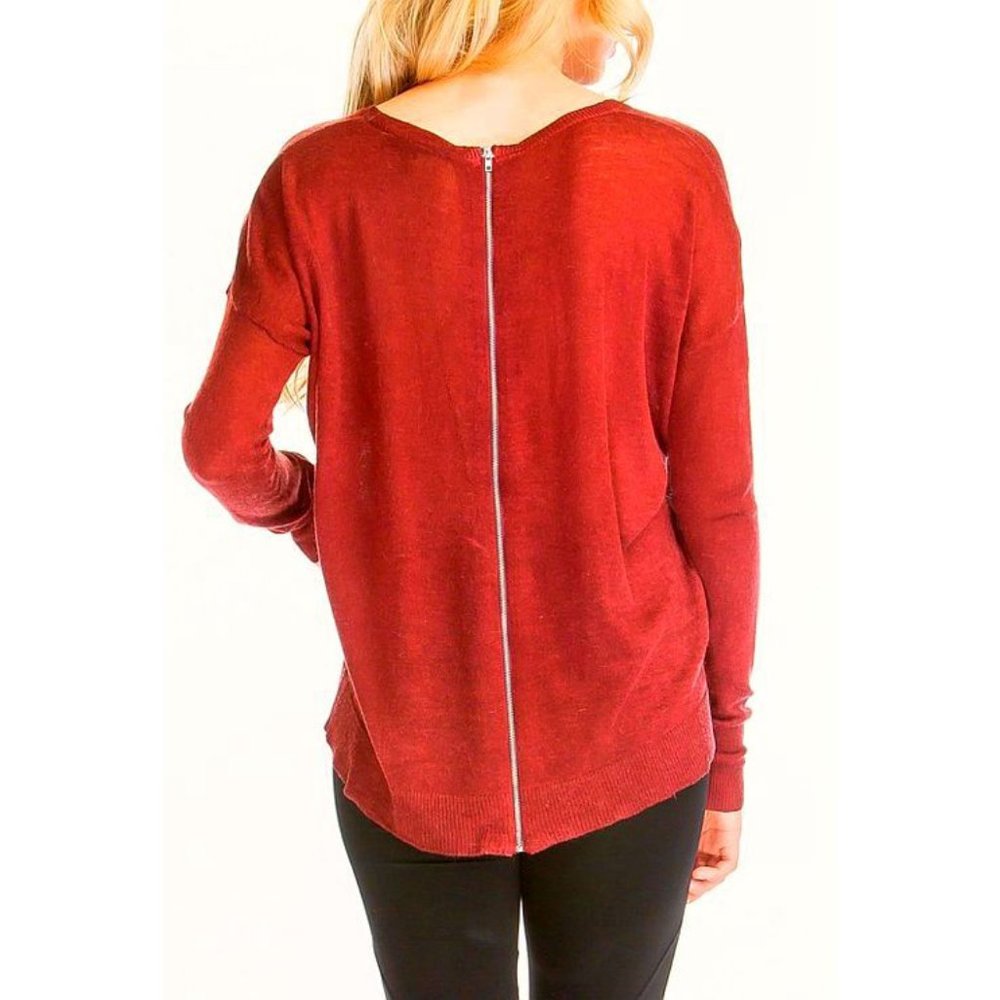 Spool Lightweight Zipper Back Sweater Rust Terracotta High-Low Asymmetric Knit S